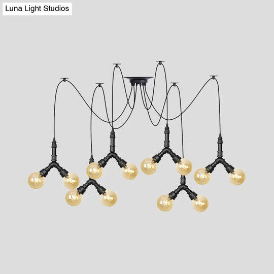 Industrial Amber Glass Globe Swag Ceiling Light With Led - 4/6/12 Lights For Restaurant And Home In