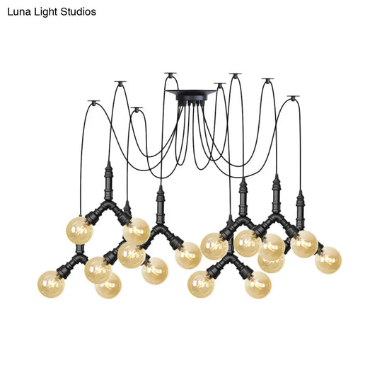 Industrial Amber Glass Globe Swag Ceiling Light With Led - 4/6/12 Lights For Restaurant And Home In