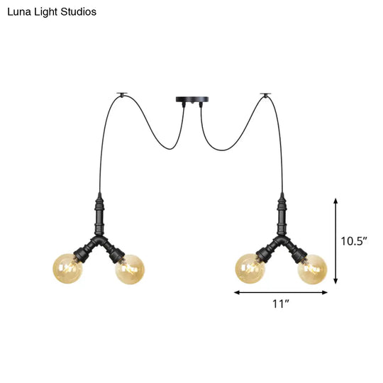 Industrial Amber Glass Globe Swag Ceiling Light With Led - 4/6/12 Lights For Restaurant And Home In