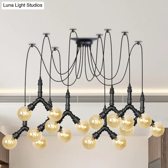 Industrial Swag Pendant Light - Amber Glass Globe Multiple Ceiling Lights Led Black Finish Perfect