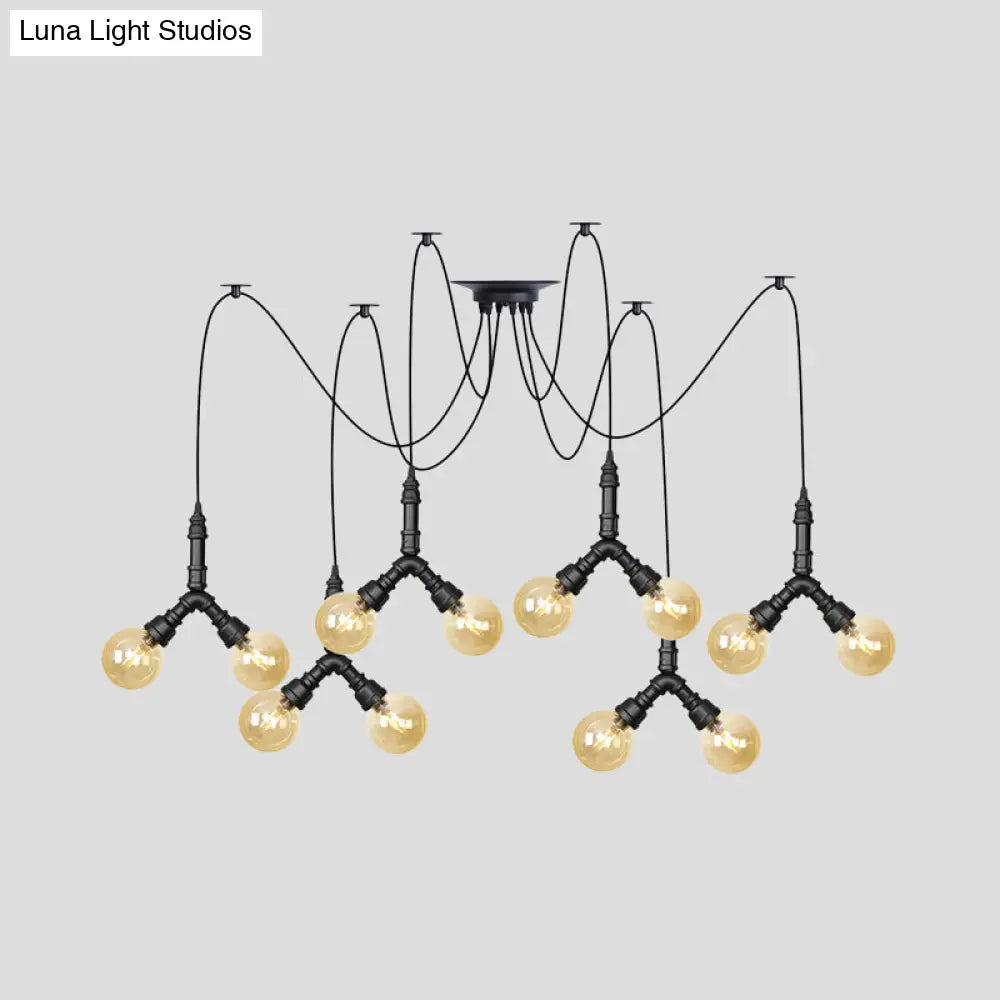 Industrial Swag Pendant Light - Amber Glass Globe Multiple Ceiling Lights Led Black Finish Perfect