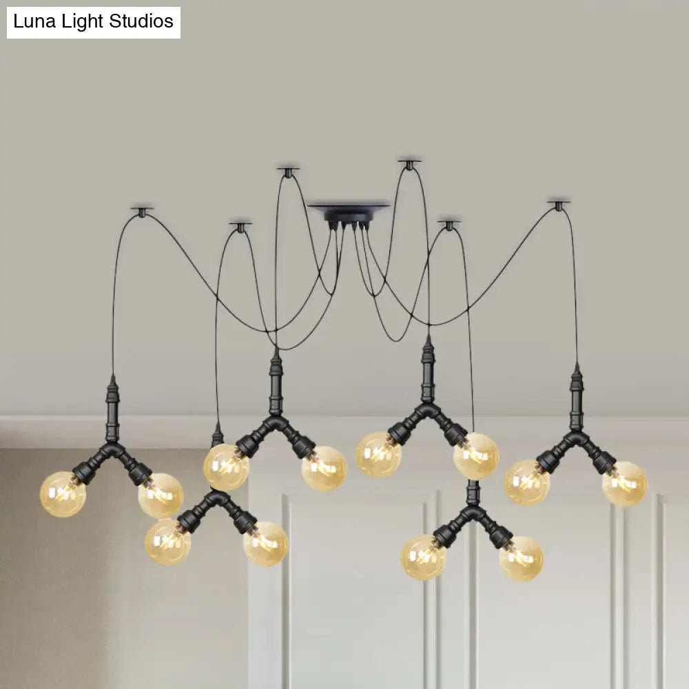 Industrial Swag Pendant Light - Amber Glass Globe Multiple Ceiling Lights Led Black Finish Perfect