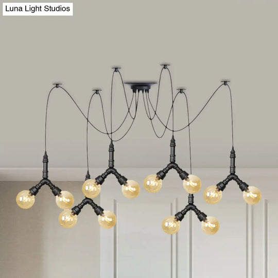 Industrial Amber Glass Globe Swag Ceiling Light With Led - 4/6/12 Lights For Restaurant And Home In