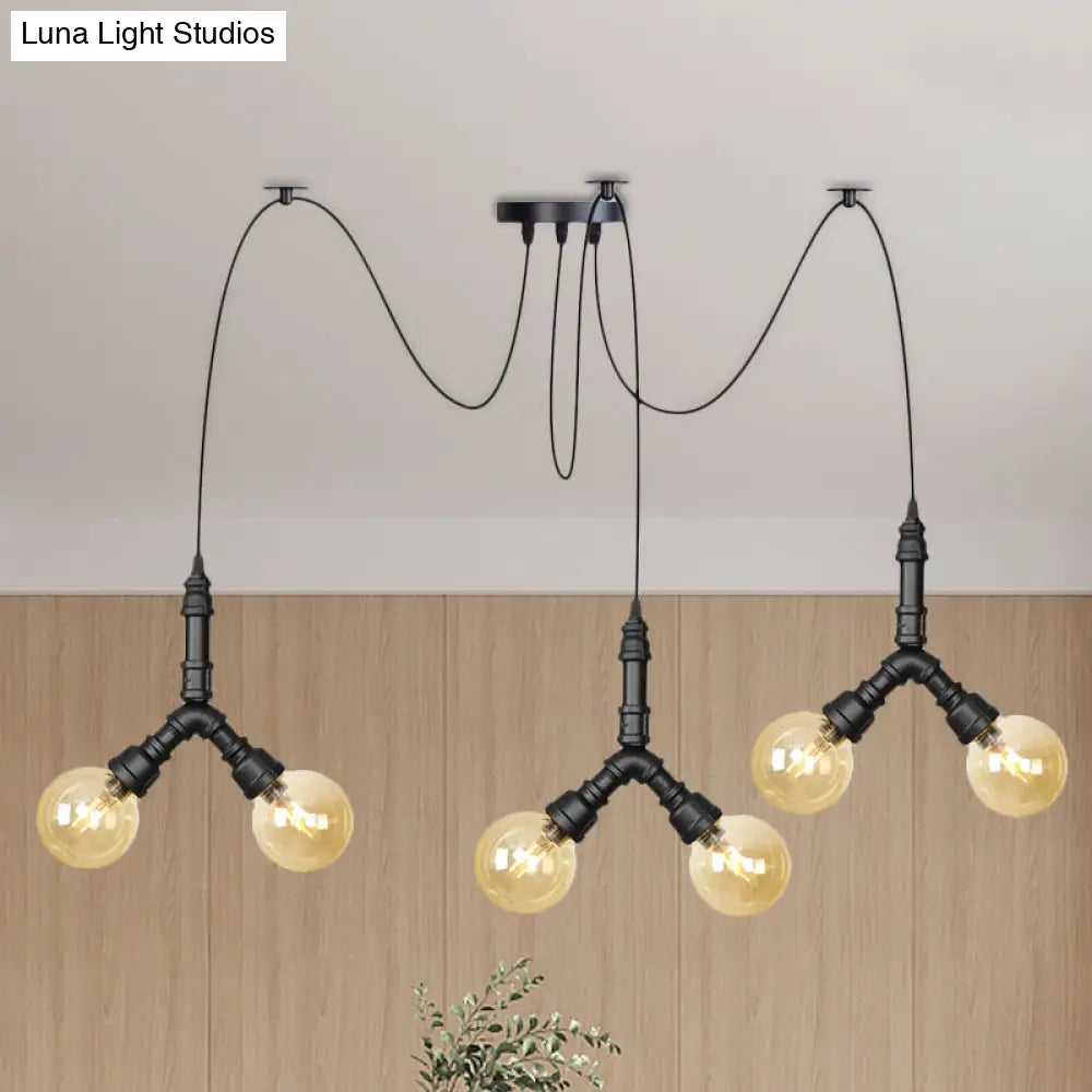 Industrial Amber Glass Globe Swag Ceiling Light With Led - 4/6/12 Lights For Restaurant And Home In
