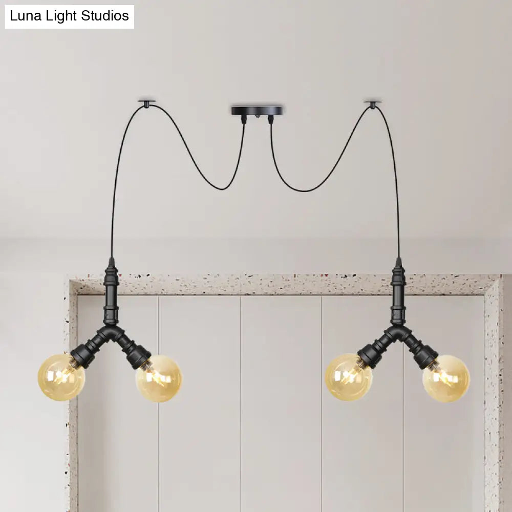 Industrial Swag Pendant Light - Amber Glass Globe Multiple Ceiling Lights Led Black Finish Perfect