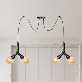 Industrial Swag Pendant Light - Amber Glass Globe Multiple Ceiling Lights Led Black Finish Perfect