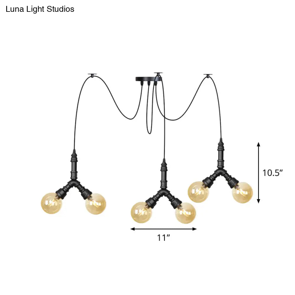 Industrial Amber Glass Globe Swag Ceiling Light With Led - 4/6/12 Lights For Restaurant And Home In