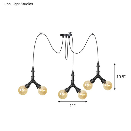 Industrial Amber Glass Globe Swag Ceiling Light With Led - 4/6/12 Lights For Restaurant And Home In