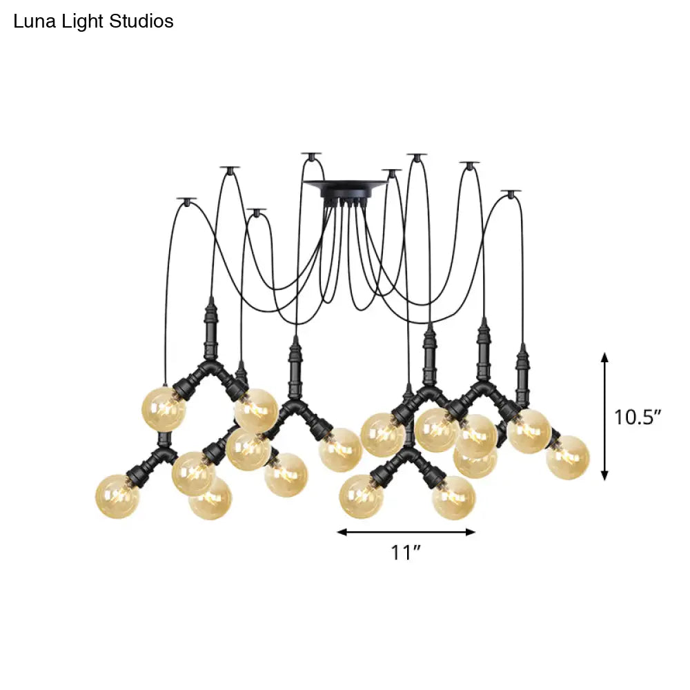 Industrial Swag Pendant Light - Amber Glass Globe Multiple Ceiling Lights Led Black Finish Perfect