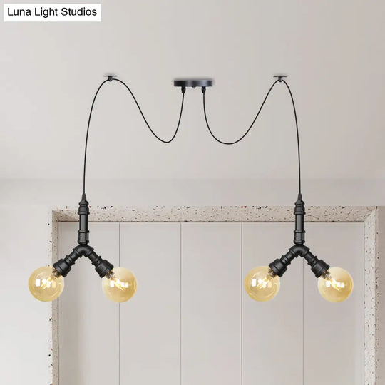 Industrial Amber Glass Globe Swag Ceiling Light With Led - 4/6/12 Lights For Restaurant And Home In