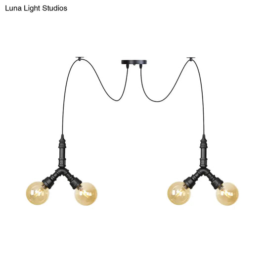 Industrial Swag Pendant Light - Amber Glass Globe Multiple Ceiling Lights Led Black Finish Perfect