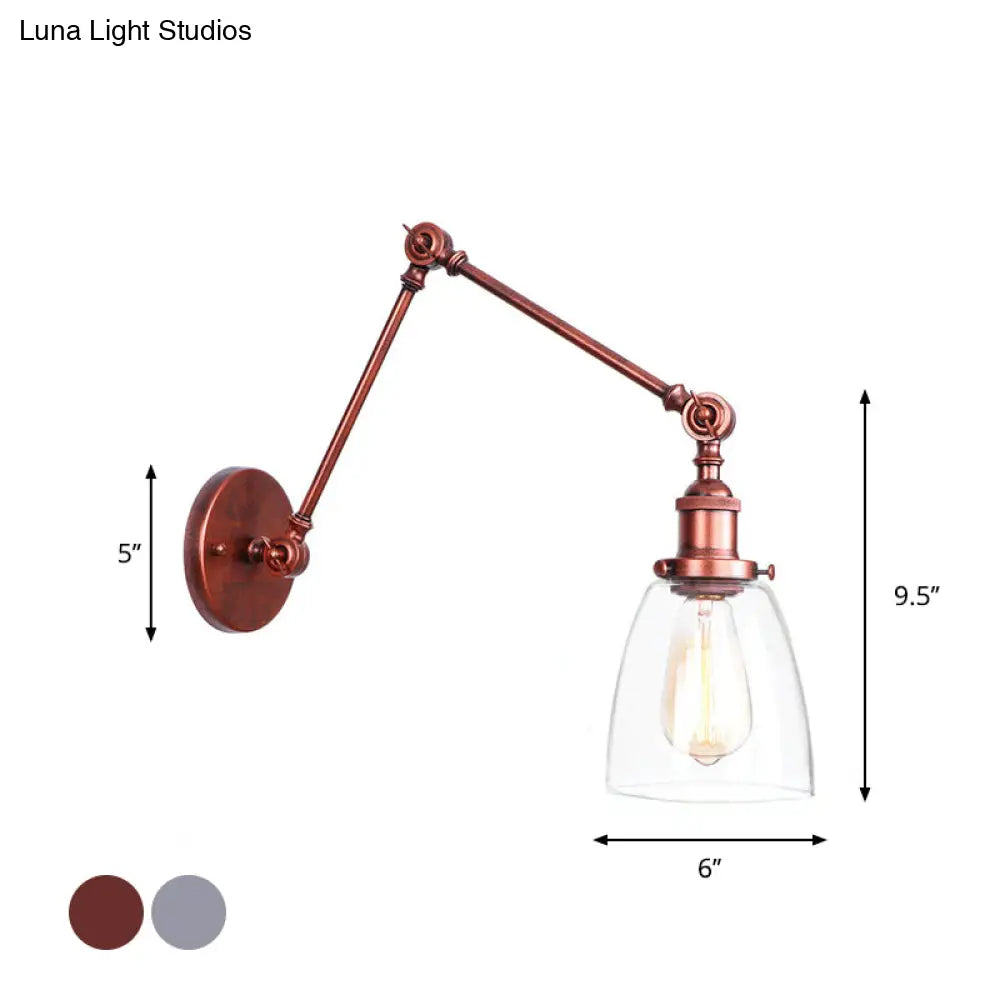 Industrial Swing Arm Wall Light With Clear Glass Conical/Bell/Global Shade In Chrome/Rust Finish