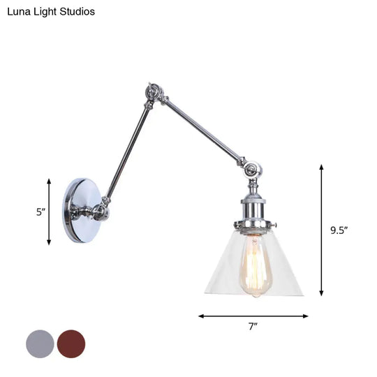 Industrial Swing Arm Wall Light With Clear Glass Conical/Bell/Global Shade In Chrome/Rust Finish