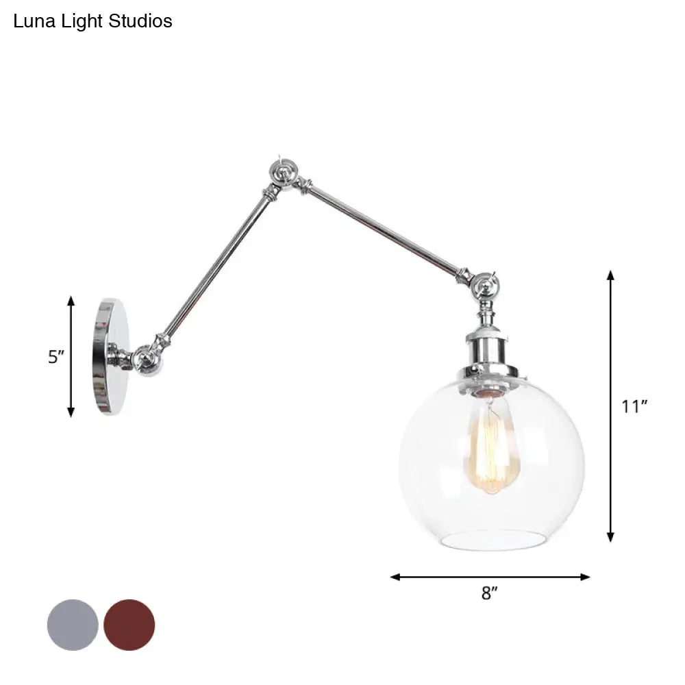 Industrial Swing Arm Wall Light With Clear Glass Conical/Bell/Global Shade In Chrome/Rust Finish