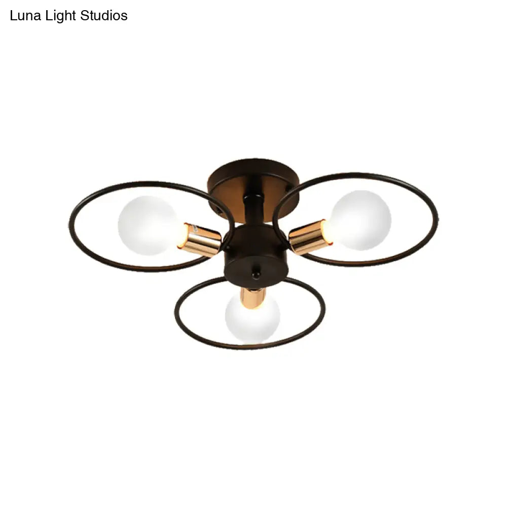 Industrial Triple Rings Semi Mount Ceiling Light Fixture – 3/6 Metal Lights In Black For Bedroom