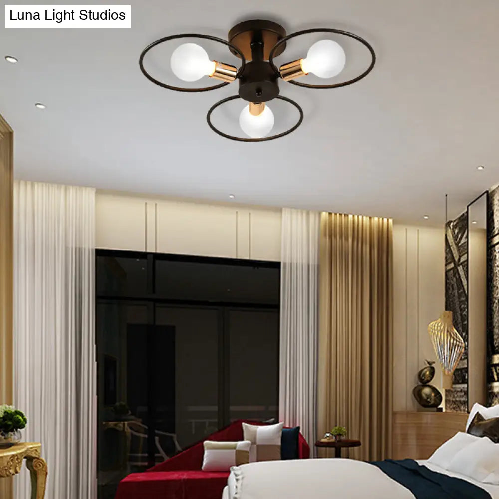 Industrial Triple Rings Semi Mount Ceiling Light Fixture 3/6 Metal Lights In Black For Bedroom 3 /