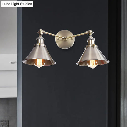 Industrial Vintage 2-Head Farmhouse Wall Mount Light In Black/Brass - Tapered Shade Iron Fixture