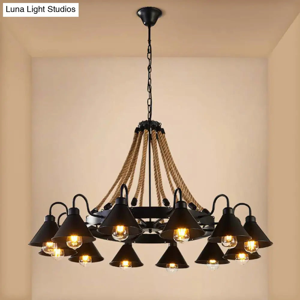Industrial Vintage Large Chandelier With Rope And Metal Cone Shade - Perfect For Coffee Shop