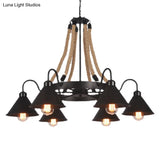 Industrial Vintage Large Chandelier With Rope And Metal Cone Shade - Perfect For Coffee Shop