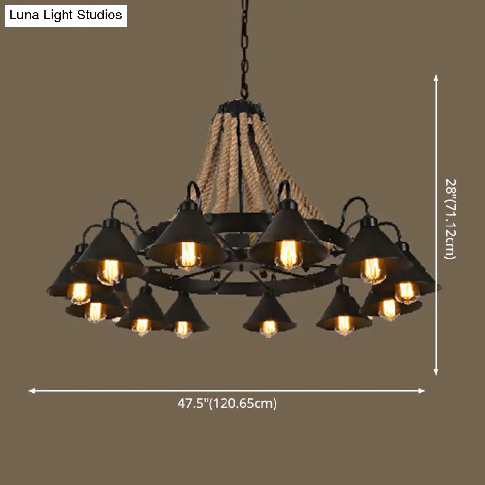 Industrial Vintage Large Chandelier With Rope And Metal Cone Shade - Perfect For Coffee Shop