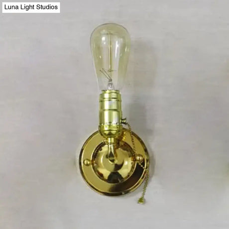 Industrial Vintage Open Bulb Wall Sconce With Pull Chain - Black/Silver Finish Ideal For Bedroom