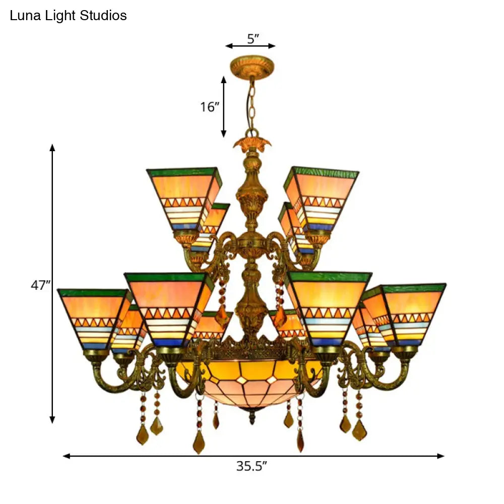 Vintage Stained Glass Pyramid Chandelier With 12 Arms And Center Bowl