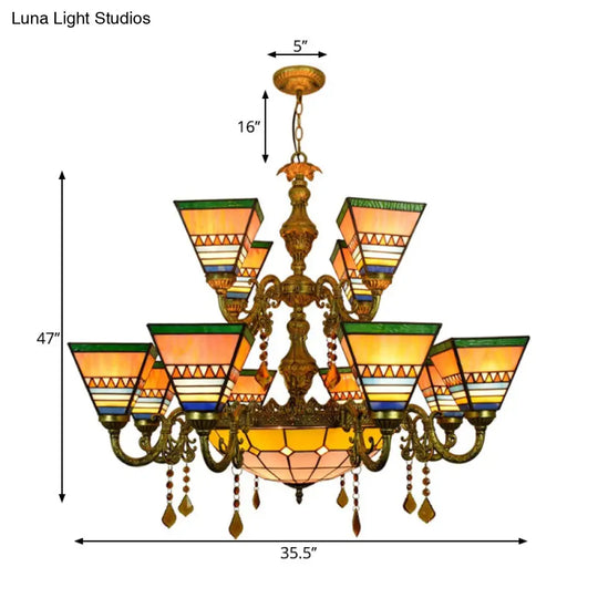 Vintage Stained Glass Pyramid Chandelier With 12 Arms And Center Bowl