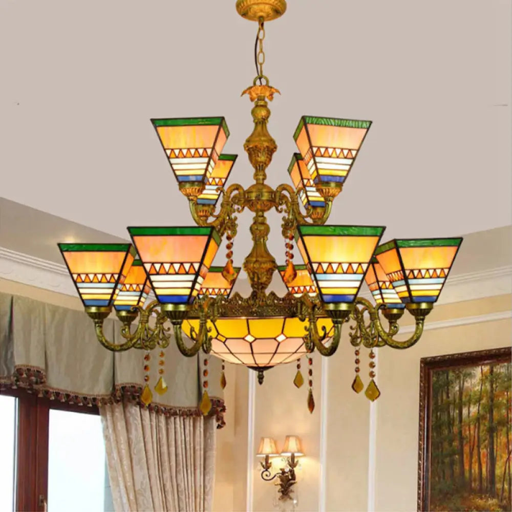 Industrial Vintage Stained Glass Pyramid Chandelier - 12 Arms With Center Bowl Orange Pink