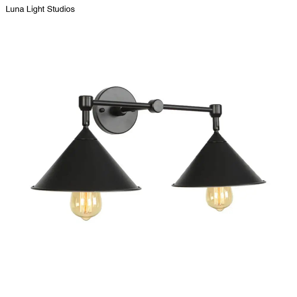 Industrial Vintage Wall Sconce With 2 Cone Lights - Metal Lamp For Restaurants In Black/Grey