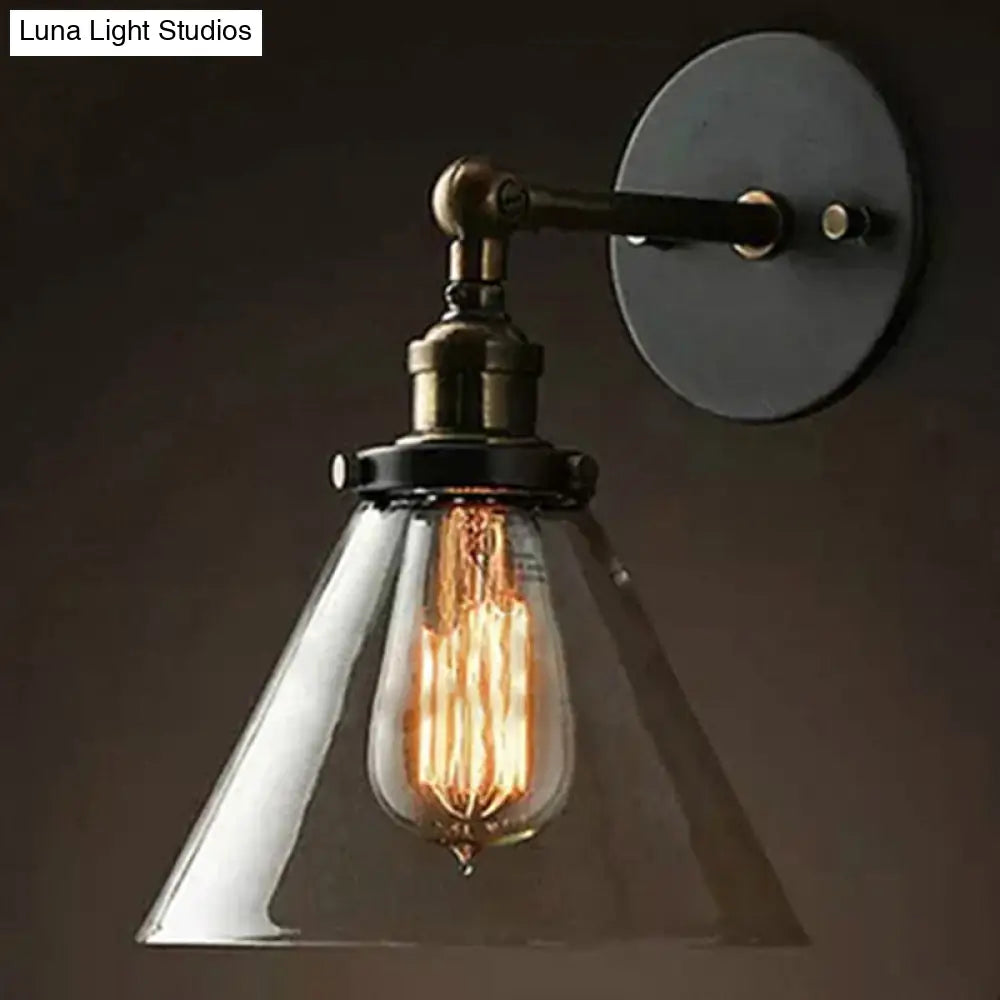 Industrial Wall Lamp With Swivel Glass Shade - Brass-Black Finish For Kitchen And More Clear / Cone