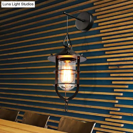 Industrial Wall Mounted Light With Clear Glass For Porch: Caged Black Bulb Fixture