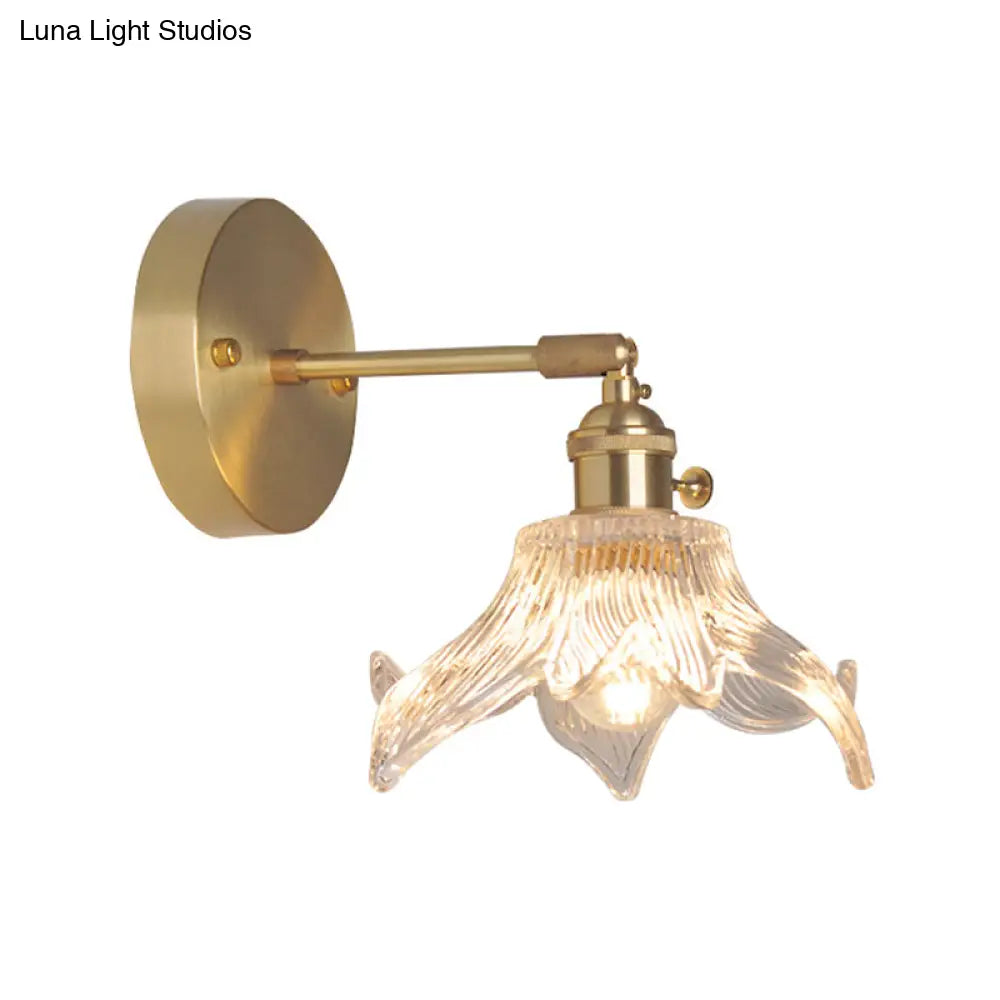 Industrial Wall Mounted Swing Arm Reading Light With Blossom/Bowl Clear Glass Shade - Iron Brass