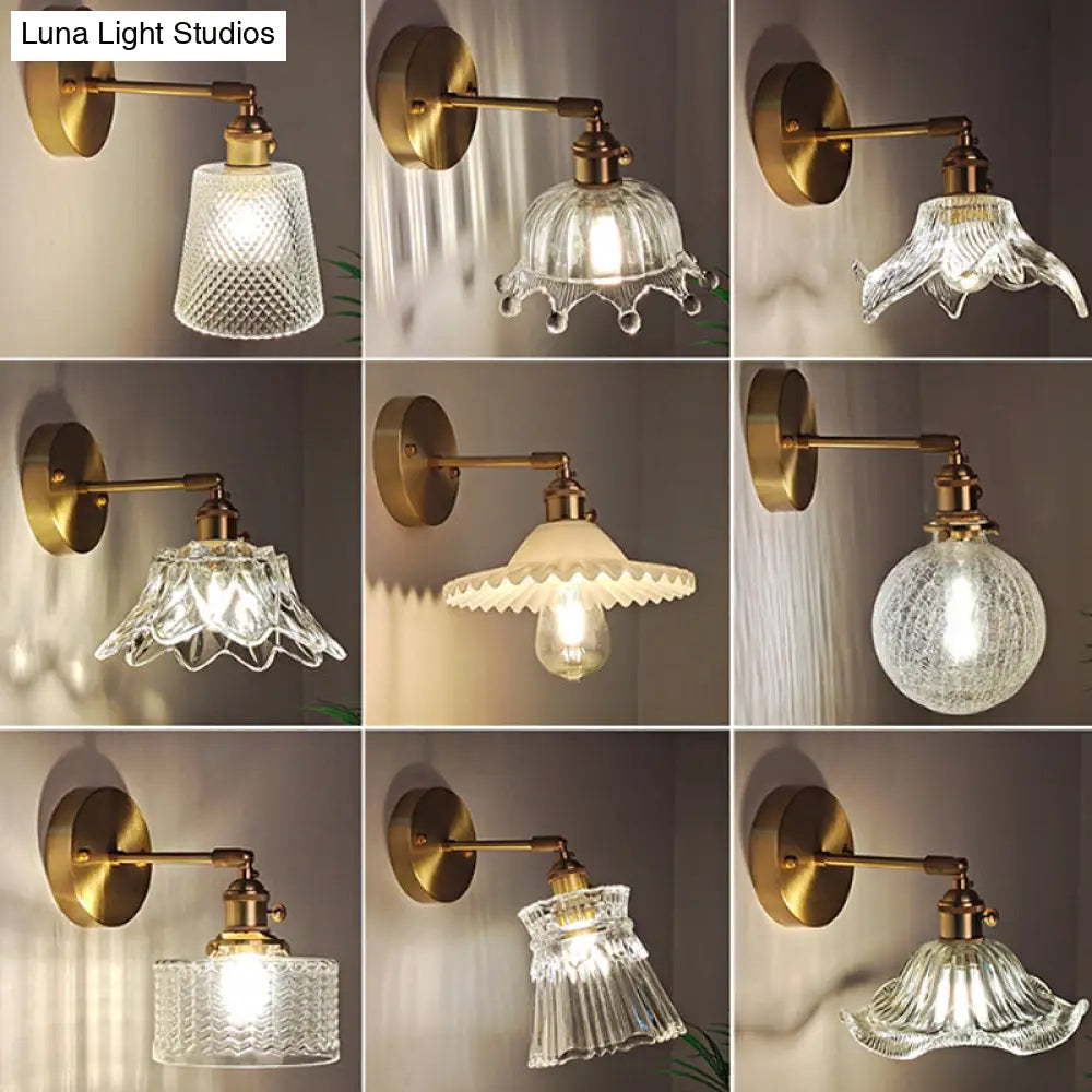 Industrial Wall Mounted Swing Arm Reading Light With Blossom/Bowl Clear Glass Shade - Iron Brass