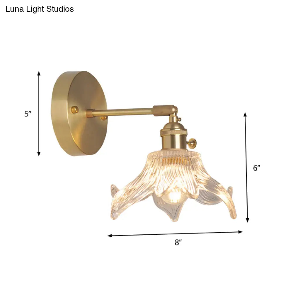 Industrial Wall Mounted Swing Arm Reading Light With Blossom/Bowl Clear Glass Shade - Iron Brass