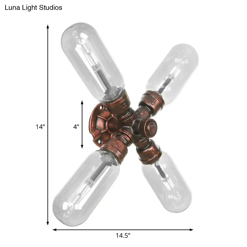 Industrial Weathered Copper Pipe Wall Sconce Lighting - Clear Glass Capsule & 2/4 Lights For Bedroom