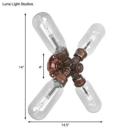 Industrial Weathered Copper Pipe Wall Sconce Lighting - Clear Glass Capsule & 2/4 Lights For Bedroom