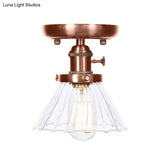 Industrial Weathered Copper Semi Flush Light With Clear/Amber Glass - 1 Cone/Bell Fixture