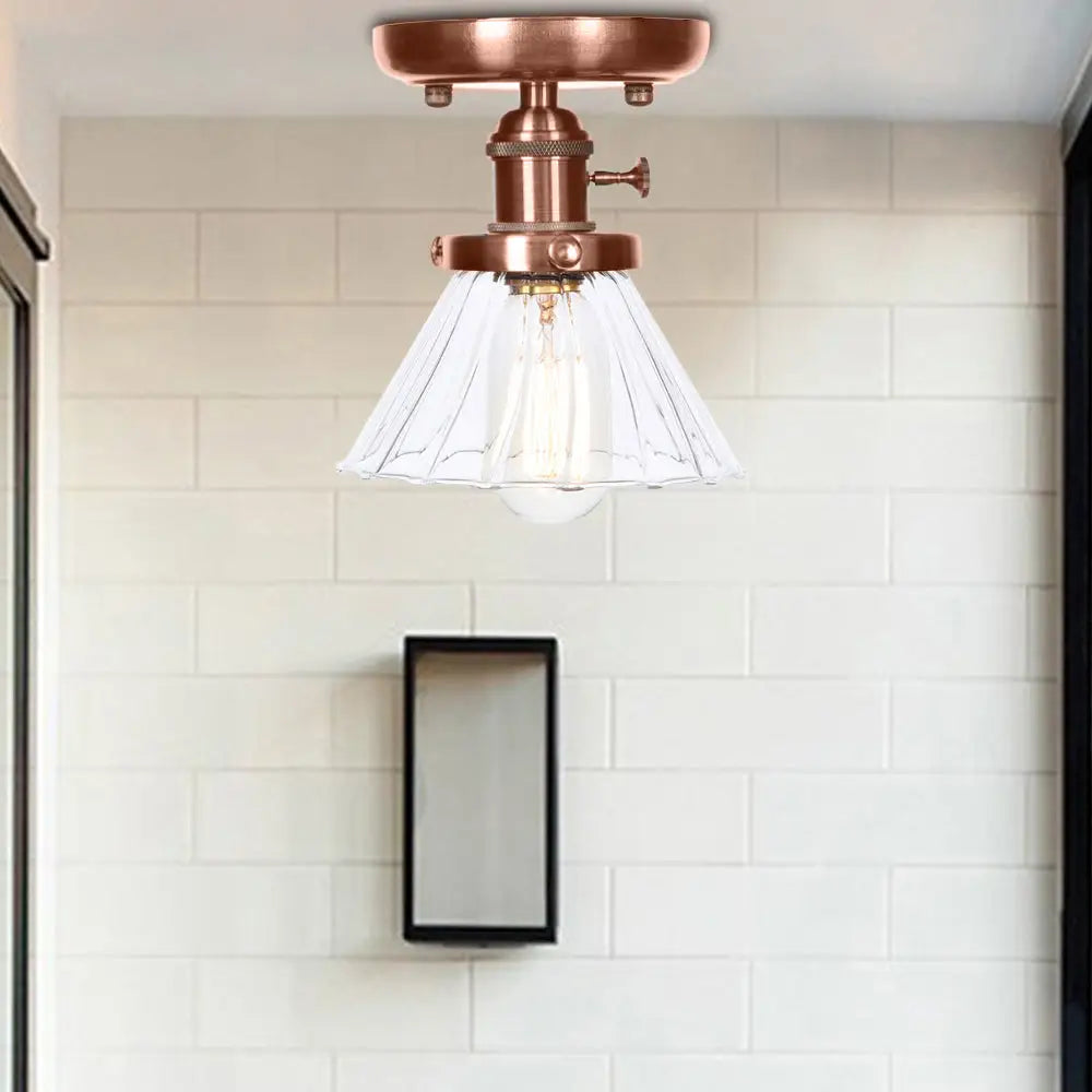 Industrial Weathered Copper Semi Flush Light With Clear/Amber Glass - 1 Cone/Bell Fixture Clear /