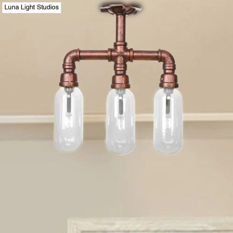 Industrial Weathered Copper Semi Mount Indoor Ceiling Light With Clear Glass And Pipe Design -