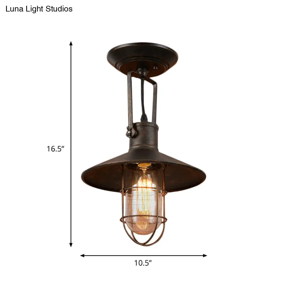 Industrial Wide Flare Semi Flush Mount Lamp In Rust With Cage And Handle