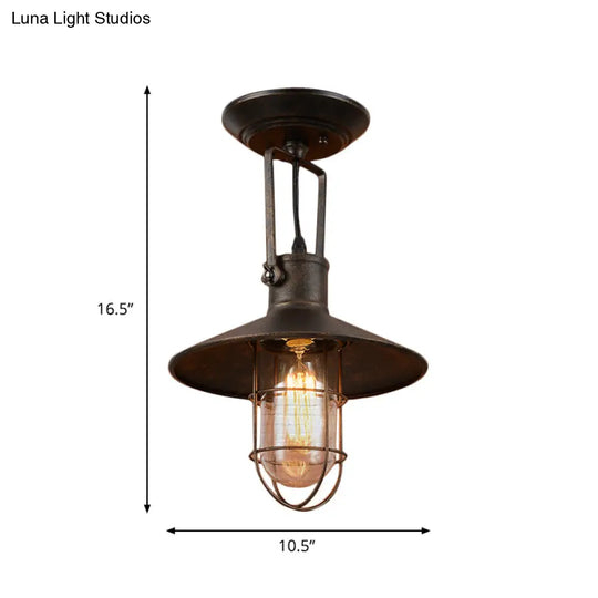 Industrial Wide Flare Semi Flush Mount Lamp In Rust With Cage And Handle
