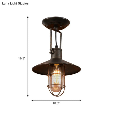 Industrial Wide Flare Semi Flush Mount Lamp In Rust With Cage And Handle