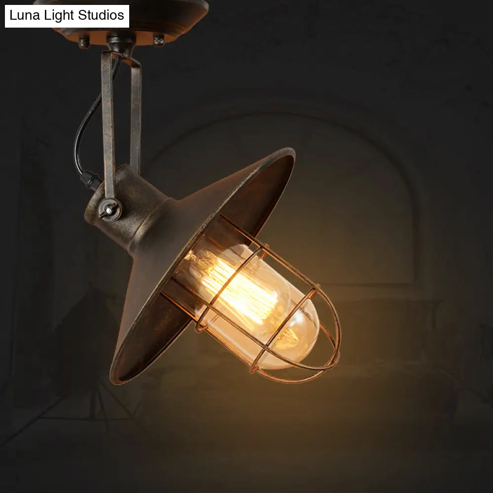 Industrial Wide Flare Semi Flush Mount Lamp In Rust With Cage And Handle