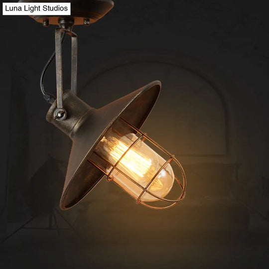 Industrial Wide Flare Semi Flush Mount Lamp In Rust With Cage And Handle