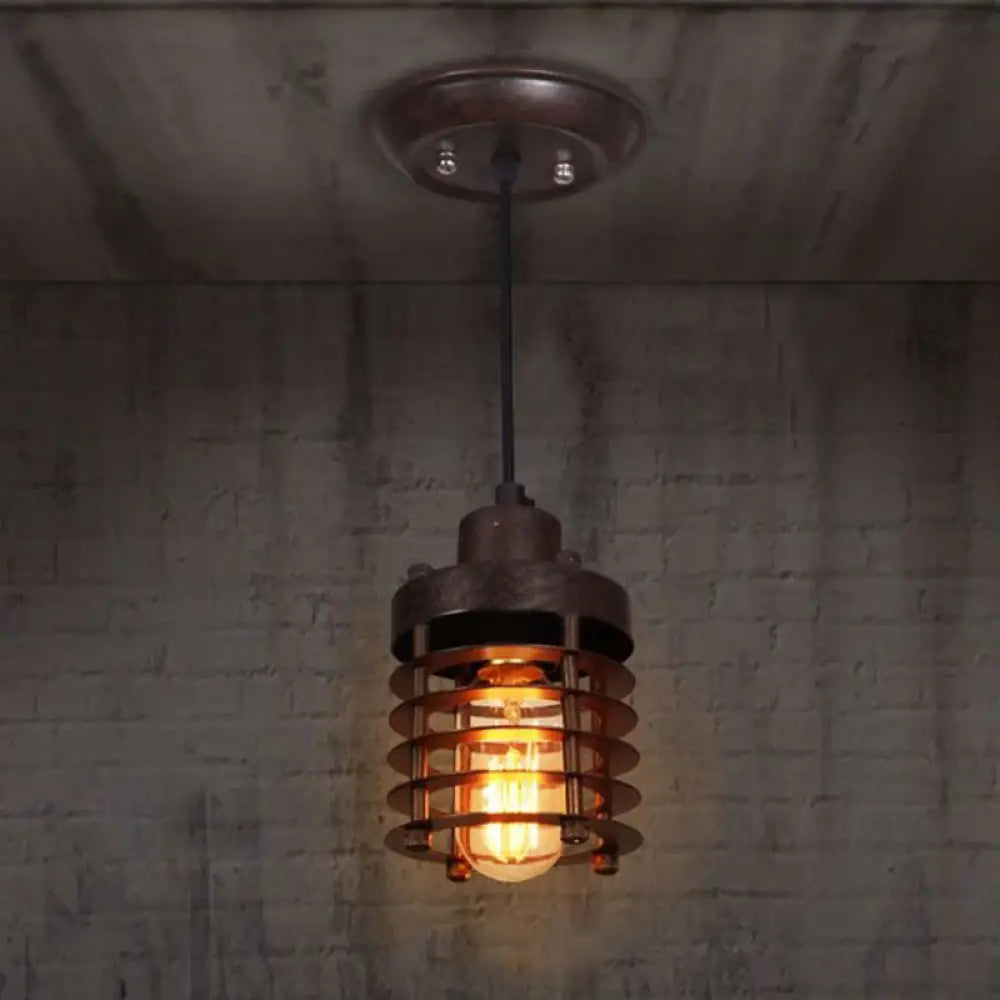 Industrial Wire Cage Pendant Light Fixture In Black & Rust For Dining Room With 1 Bulb /