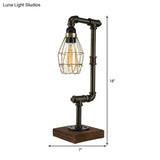 Industrial Wire Cage Table Lamp With Pipe Design - 1 Light Metal And Wood In Black