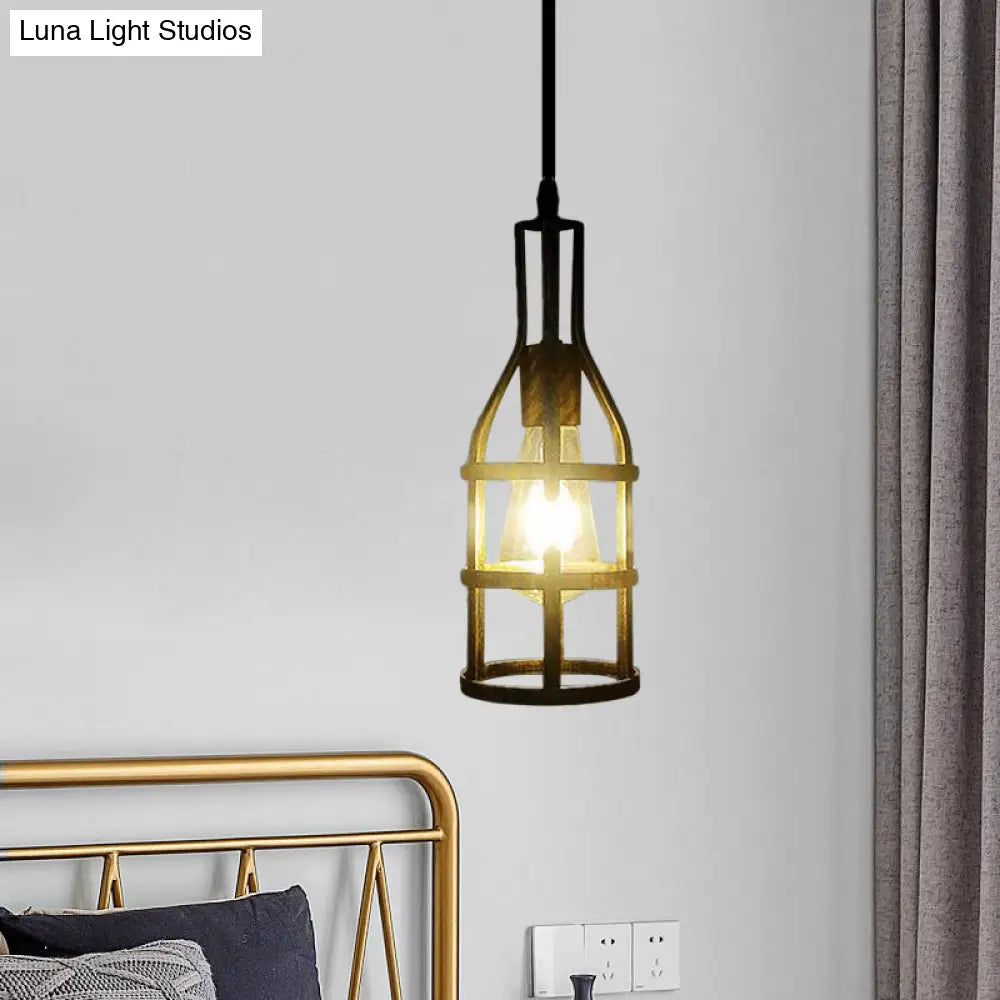 Industrial Wire Caged Metal Hanging Pendant Light With Wine Bottle Design - Black/Antique Brass