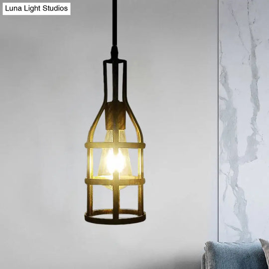 Industrial Metal Hanging Pendant Light With Wine Bottle Design And 1 Bulb In Black/Antique Brass