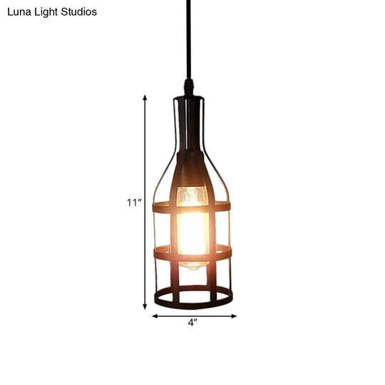 Industrial Wire Caged Metal Hanging Pendant Light With Wine Bottle Design - Black/Antique Brass