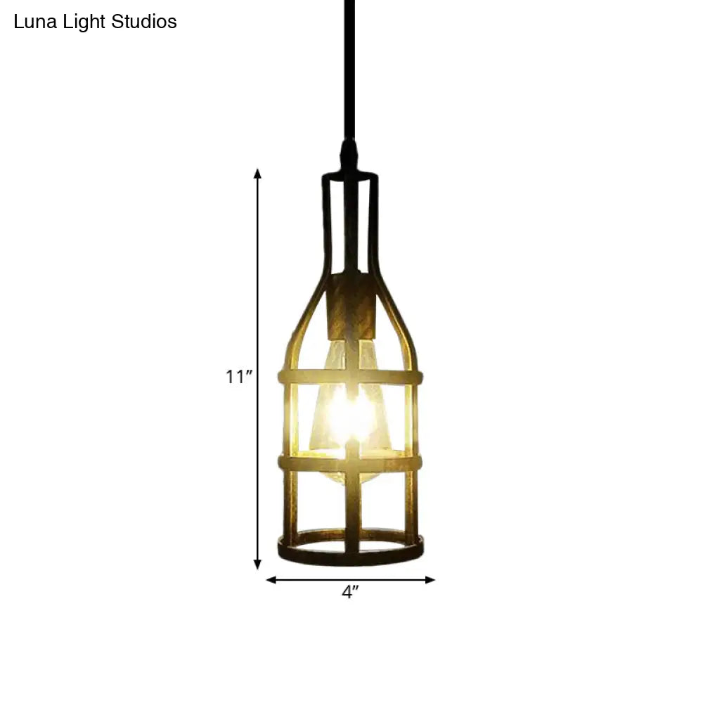 Industrial Wire Caged Metal Hanging Pendant Light With Wine Bottle Design - Black/Antique Brass